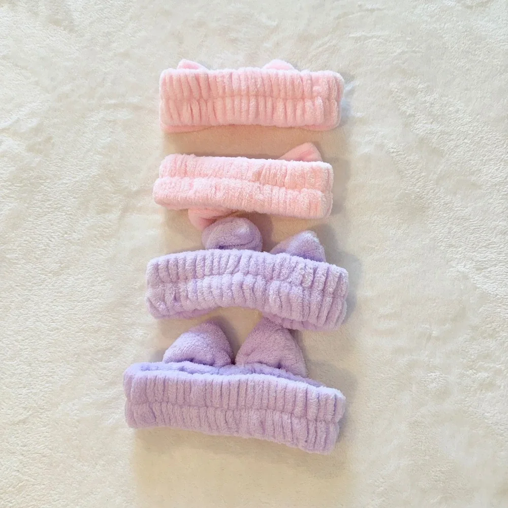 Spa Headband Kids O/S Pink Purple Bow Microfiber Fleece 4 Pack